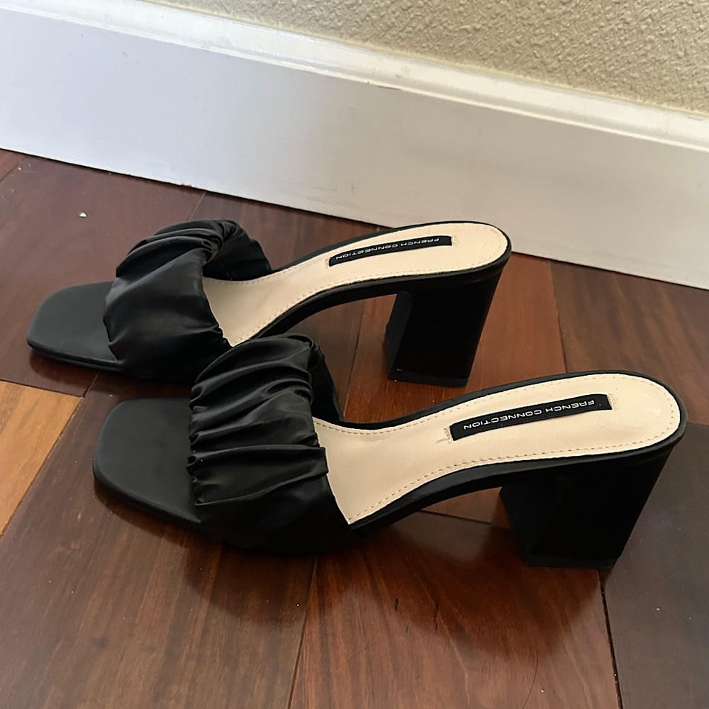 French Connection Women's Challenge Faux Leather Slip On Block Heeled Sandals